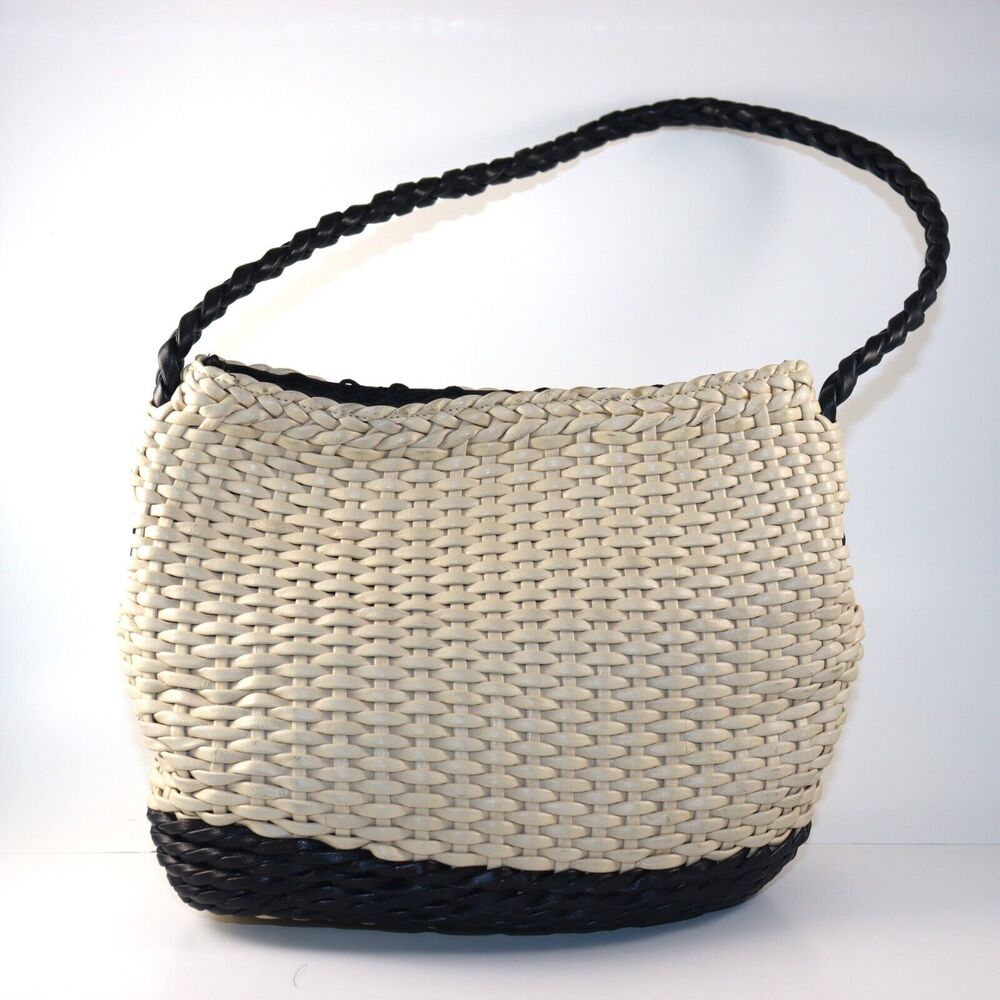 Desmo Woven Shoulder Bag Small Cream Black‎ Womens Braided Strap Purse
